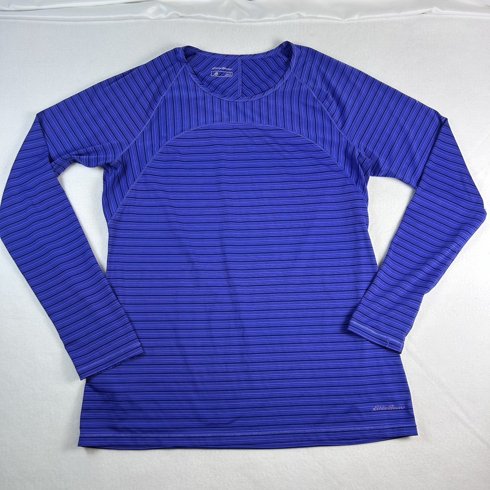 Eddie Bauer Women Blue Striped Long Sleeve Shirt Size L Thumb Holes Performance